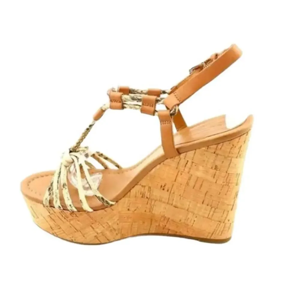 Coach Sandal Womens 9.5 Beige Tan Cork Wedge Braided Straps Open Toe Chic - Picture 12 of 13